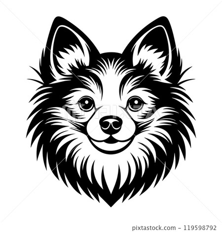 spitz dog head icon. Black and white logo, dog silhouette, engraving style. Pet character. 119598792