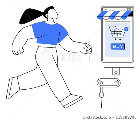 Woman walking towards a mobile device displaying a shopping cart symbol and buy button Ideal for online shopping mobile apps e-commerce technology digital purchasing and consumer behavior. Simple 119598795
