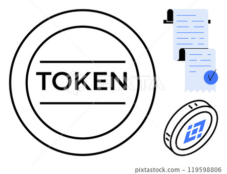 Circular digital token labeled token beside official documents with blue tick mark. Ideal for cryptocurrency, financial transactions, digital assets, blockchain technology, and virtual economy 119598806