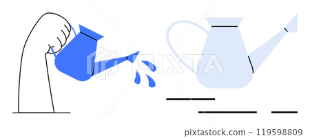 A hand is holding a blue watering can with water droplets coming out, while a stationary watering can is on the right. Ideal for gardening, nurturing, growth, care, nature. Modern simple flat A hand is holding a blue watering can with water droplets coming out, while a stationary watering can is on the right. Ideal for gardening, nurturing, growth, care, nature. Modern simple flat 119598809