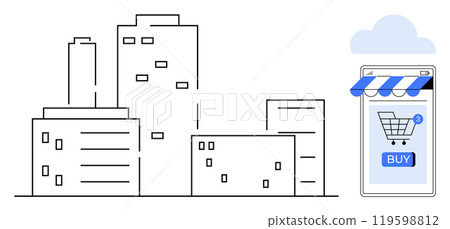 City buildings with a smartphone displaying a shopping cart and BUY button. Ideal for e-commerce, technology, online shopping, modern lifestyle, digitalization. Clean and minimalistic style City buildings with a smartphone displaying a shopping cart and BUY button. Ideal for e-commerce, technology, online shopping, modern lifestyle, digitalization. Clean and minimalistic style 119598812