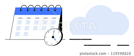 Spiral-bound calendar next to a clock and a cloud. Ideal for productivity, scheduling, organization, planning, cloud storage. Minimalist, modern style. Simple blue, white, black colour scheme 119598828