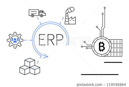 ERP central system connecting to blockchain, manufacturing, logistics, workforce, and inventory management. Ideal for business, technology, logistics, manufacturing, and supply chain. Line art style ERP central system connecting to blockchain, manufacturing, logistics, workforce, and inventory management. Ideal for business, technology, logistics, manufacturing, and supply chain. Line art style 119598864