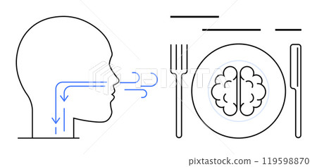 Silhouette of a human head with arrows indicating breathing, next to a plate with a brain, fork, and knife. Ideal for mental health, mind feeding, nutrition, breathing exercises, cognitive wellness Silhouette of a human head with arrows indicating breathing, next to a plate with a brain, fork, and knife. Ideal for mental health, mind feeding, nutrition, breathing exercises, cognitive wellness 119598870