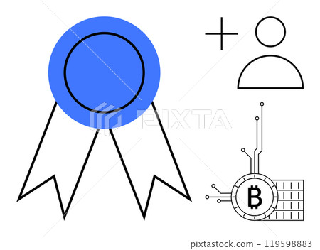 Large blue ribbon, user addition icon, and Bitcoin symbol connected to digital circuits. Ideal for recognition of achievements online identification cryptocurrency and technology awards financial Large blue ribbon, user addition icon, and Bitcoin symbol connected to digital circuits. Ideal for recognition of achievements online identification cryptocurrency and technology awards financial 119598883