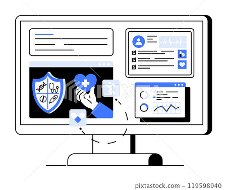 Monitor displaying medical interface with health data, profile, and charts. Ideal for healthcare, diagnostics, medical management, data analysis, and patient care. Clean vector style. 119598940
