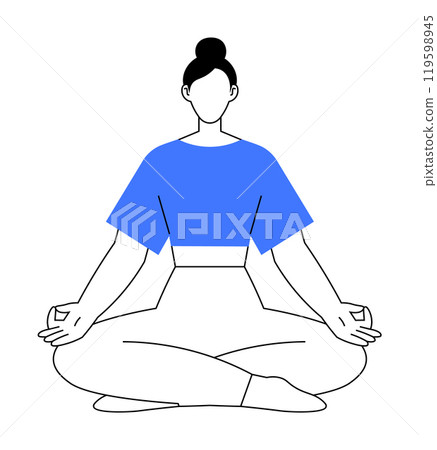 The image depicts a woman sitting cross-legged in a yoga pose, meditating with eyes closed. She has a top bun, wears a blue top and white pants. Ideal for yoga, meditation, mindfulness, relaxation 119598945