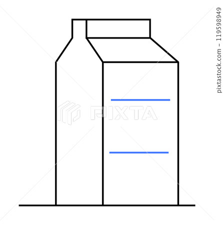 Black outline of a milk carton with two horizontal blue lines. Single line style. Ideal for packaging design, dairy industry themes, product labeling, minimalist artwork, food and beverage branding. 119598949