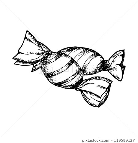 Hand drawn vector illustration of candy in wrapper with stripes, shading in sketch style. Sweets clip art is perfect for party themes, candy designs or holiday decorations for Christmas and Halloween 119599127