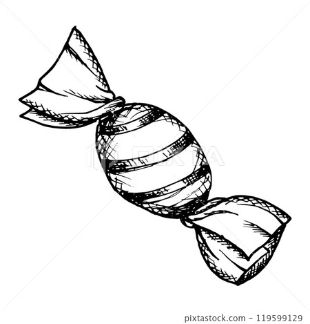 Hand drawn vector illustration of candy in wrapper with stripes, shading in sketch style. Sweets clip art is perfect for party themes, candy designs or holiday decorations for Christmas and Halloween 119599129