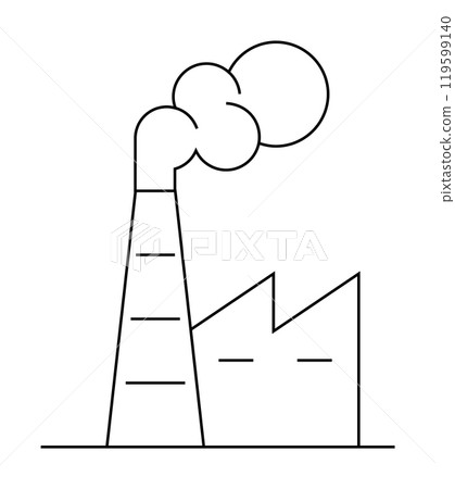 Simple line art of a factory with a tall chimneystack releasing visible smoke. Ideal for clean design, industry, pollution awareness, environmental themes, and urban landscapes. Black and white, vecto 119599140