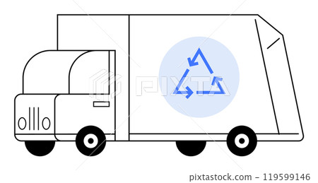 A garbage truck with a blue recycling symbol draws attention to eco-friendly practices, waste management, and sustainability. Ideal for waste management education, environmental awareness, green A garbage truck with a blue recycling symbol draws attention to eco-friendly practices, waste management, and sustainability. Ideal for waste management education, environmental awareness, green 119599146