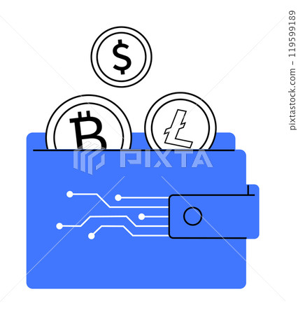 Bitcoin billfold icon with bitcoin mining and blockchain pictographs. Coins drops in wallet. Designed for crypto currency apps. Ideal for blockchain, cryptocurrency, digital finance 119599189