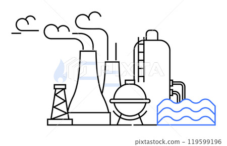 Industrial buildings with chimneys, storage tanks, and water reservoir emitting smoke. Ideal for manufacturing, pollution, energy production, industrial processes, environmental impact. Simple line a 119599196