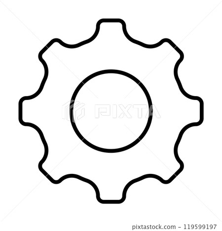 A black outlined gear shape in minimalist style. Ideal for machinery, technology, engineering, manufacturing, and mechanics themes. Clean and modern style. 119599197