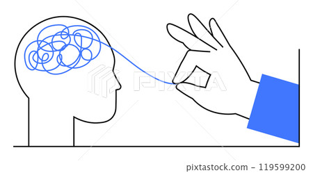 A hand untangles a blue line from a person s head, representing simplifying thoughts. Ideal for mental health, problem-solving, mindfulness, cognitive clarity, and personal development. Simple, clean, 119599200
