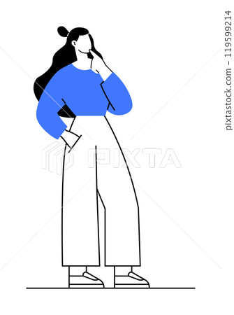 A woman with long hair and casual attire is standing with one hand on her chin, appearing thoughtful. Ideal for creative thinking, decision making, contemplation, casual lifestyle, and modern fashion 119599214