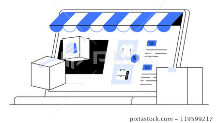 Vector image of an online storefront with icons for shop. Ideal for e-commerce, online shopping, digital storefronts, retail marketing, and web development. 119599217