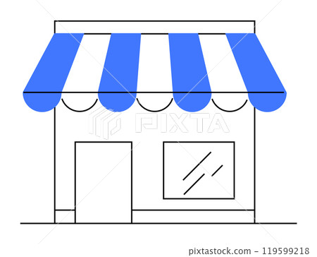 Clean, minimal, front view of a small storefront with white walls, blue-striped awning, and large window. Ideal for retail, shopping, small business, entrepreneurship, storefront signage, and vector d 119599218