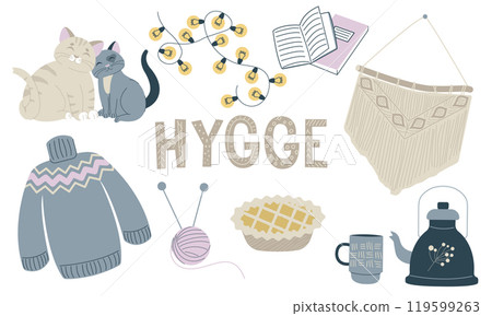 Happy cozy sweet home hygge elements and hand-drawn lettering isolated set on white background. Interior aesthetics with comfortable house apartment decoration vector illustration 119599263