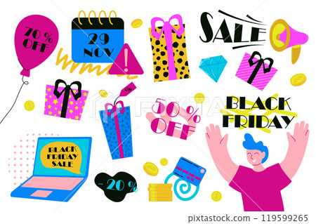 Cartoon black friday elements set. Shopping, discounts concept. Set of promo offers vector illustration isolated on background 119599265