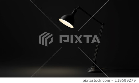 A minimalist image featuring a completely dark black background, illuminated only by a solitary light from a lamp. Generative AI	 119599279