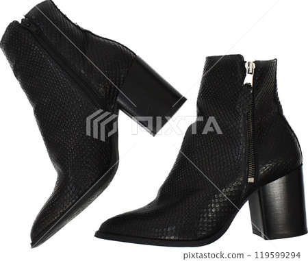 Black chunky heels boots isolated on white, reptile leather ankle boots for women, basic snake skin fall boots 119599294