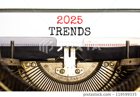 Planning 2025 trends new year symbol. Concept words 2025 Trends typed on beautiful old retro vintage typewriter. Beautiful white paper background. Business 2025 trends new year concept. Copy space. 119599335