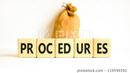Procedures symbol. Concept word Procedures on beautiful wooden blocks. Beautiful white background. Beautiful canvas bag. Business procedures concept. Copy space. 119599392
