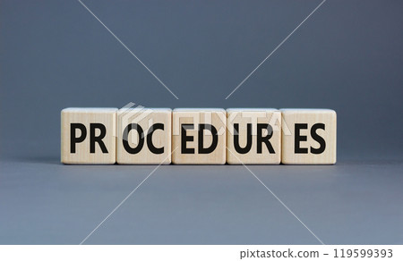 Procedures symbol. Concept word Procedures on beautiful wooden blocks. Beautiful grey background. Business procedures concept. Copy space. 119599393