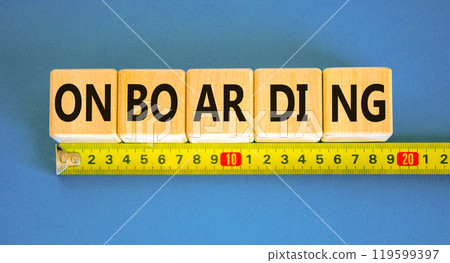 Onboarding success symbol. Concept word Onboarding on wooden blocks. Beautiful blue background. Beautiful yellow ruler. Business onboarding success concept. Copy space. 119599397