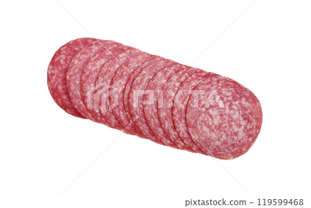 Top view of smoked salami sausages slices Top view of smoked salami sausages slices 119599468