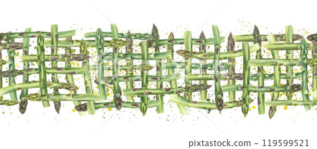 Spring green asparagus weave seamless pattern in realistic style on watercolor splashes. Intertwined fresh vegetable stems illustration. For dish presentations, menu, kitchen textile decor 119599521