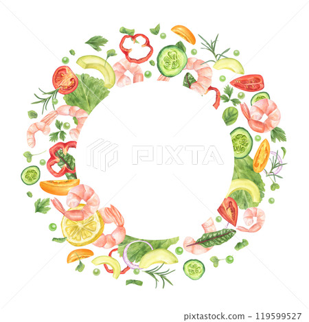 Fresh aromatic organic salad ingredients watercolor round wreath. Boiled prawns, tomatoes, onion, cucumber, sweet pepper, avocado, green peas frame with empty space for text. Low carbon diet 119599527