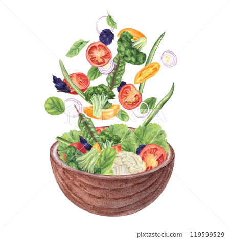 Flying chopped salad vegetable ingredients watercolor illustration Red, yellow tomatoes, broccoli, cauliflower, onions, beans, and green herb leaves. Healthy vegetarian bowl for menu, recipe design. Flying chopped salad vegetable ingredients watercolor illustration Red, yellow tomatoes, broccoli, cauliflower, onions, beans, and green herb leaves. Healthy vegetarian bowl for menu, recipe design. 119599529