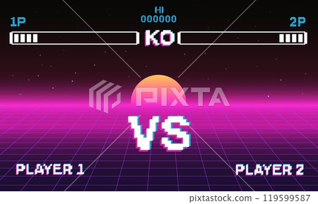 Fight retro game interface in pink style with white VS icon in pixel. 119599587