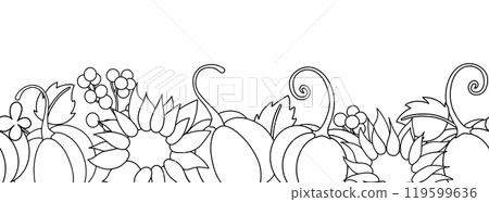 Coloring page. Vector drawing seamless border autumn composition with harvest, with pumpkins and sunflower flowers in vintage style. Thanksgiving card. Drawing in doodle style 119599636