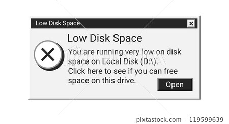 Low disk space retro message in black color. Old error window notification. 119599639