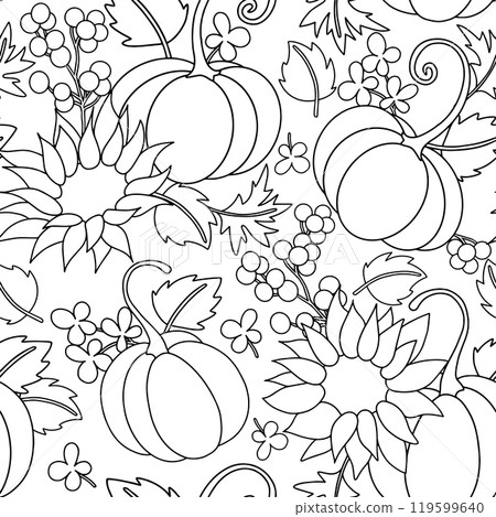 Coloring. Seamless pattern with harvest, with pumpkins and sunflower flowers in vintage style. Print for thanksgiving, fall, harvest festival . Drawing in doodle style. Coloring. Seamless pattern with harvest, with pumpkins and sunflower flowers in vintage style. Print for thanksgiving, fall, harvest festival . Drawing in doodle style. 119599640