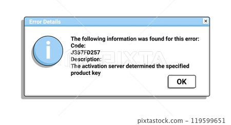 Error notification window in retro style with description in blue style. 119599651