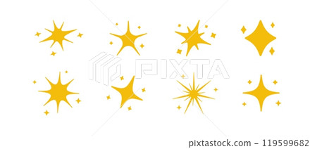 Space minimalistic icons outline. Yellow sparkles icons. Space minimalistic icons outline. Yellow sparkles icons. 119599682