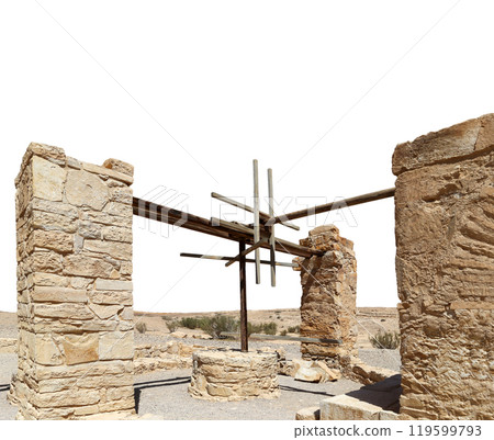 Quseir (Qasr) Amra desert castle (on white background) near Amman, Jordan. World heritage with famous fresco's. Built in 8th century, of early Islamic art and architecture 119599793