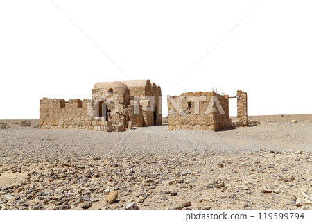 Quseir (Qasr) Amra desert castle (on white background) near Amman, Jordan. World heritage with famous fresco's. Built in 8th century, of early Islamic art and architecture 119599794