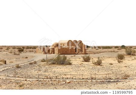 Quseir (Qasr) Amra desert castle (on white background) near Amman, Jordan. World heritage with famous fresco's. Built in 8th century, of early Islamic art and architecture 119599795
