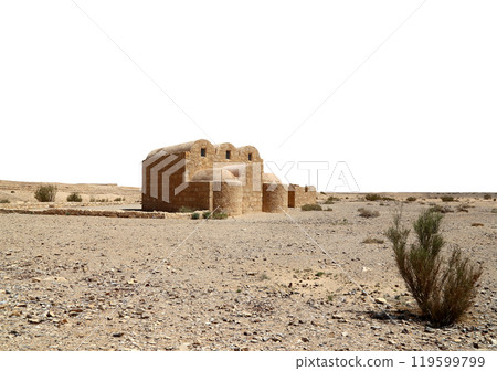 Quseir (Qasr) Amra desert castle (on white background) near Amman, Jordan. World heritage with famous fresco's. Built in 8th century, of early Islamic art and architecture Quseir (Qasr) Amra desert castle (on white background) near Amman, Jordan. World heritage with famous fresco's. Built in 8th century, of early Islamic art and architecture 119599799