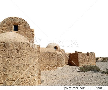 Quseir (Qasr) Amra desert castle (on white background) near Amman, Jordan. World heritage with famous fresco's. Built in 8th century, of early Islamic art and architecture 119599800