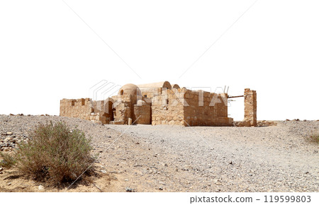Quseir (Qasr) Amra desert castle (on white background) near Amman, Jordan. World heritage with famous fresco's. Built in 8th century, of early Islamic art and architecture Quseir (Qasr) Amra desert castle (on white background) near Amman, Jordan. World heritage with famous fresco's. Built in 8th century, of early Islamic art and architecture 119599803
