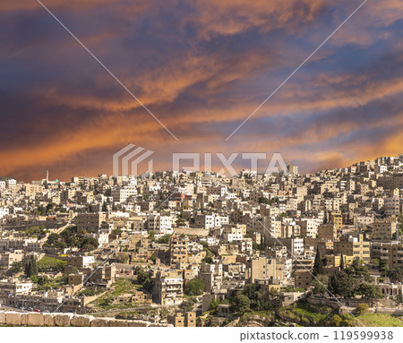 Amman city landmarks-- old roman Citadel Hill, Jordan. Against the background of a beautiful sky with clouds 119599938