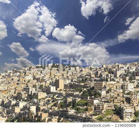 Amman city landmarks-- old roman Citadel Hill, Jordan. Against the background of a beautiful sky with clouds 119600009