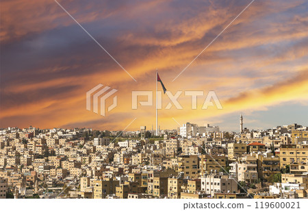 Amman city landmarks-- old roman Citadel Hill, Jordan. Against the background of a beautiful sky with clouds Amman city landmarks-- old roman Citadel Hill, Jordan. Against the background of a beautiful sky with clouds 119600021